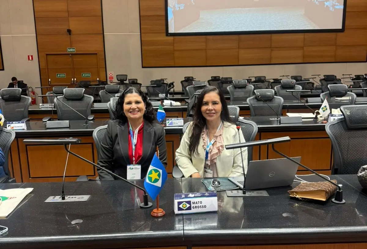 A secretária-geral da Ceja-MT, Elaine Zorgetti Pereira e a juíza auxiliar da CGJ-MT, Anna Paula Gomes de Freitas Sansão estão sentadas em um plenário com várias cadeiras vazias, a sua frente uma placa escrito Mato Grosso e uma mini bandeira do Estado.