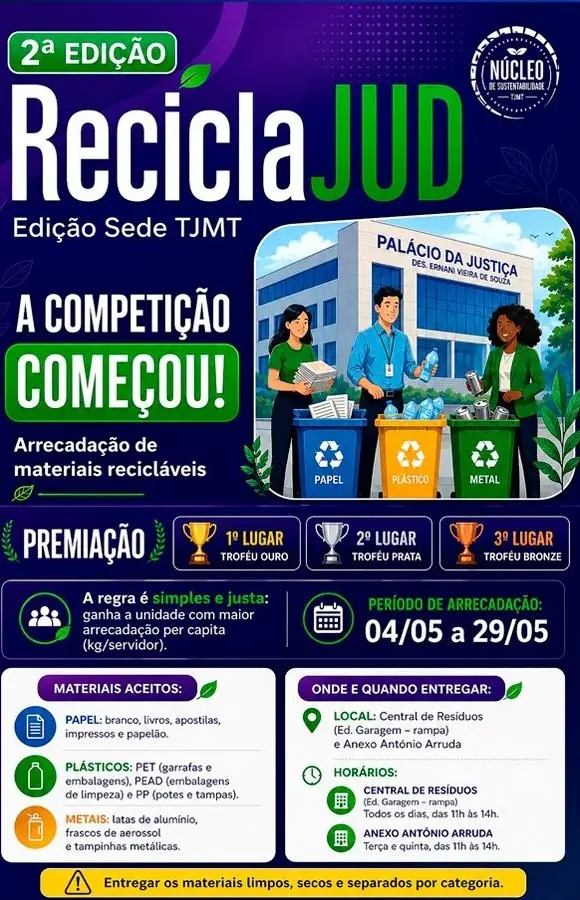 Arte gráfica da campanha ReciclaJud. Fundo verde e azul com lixeiras coloridas de reciclagem e texto informando início da competição solidária.