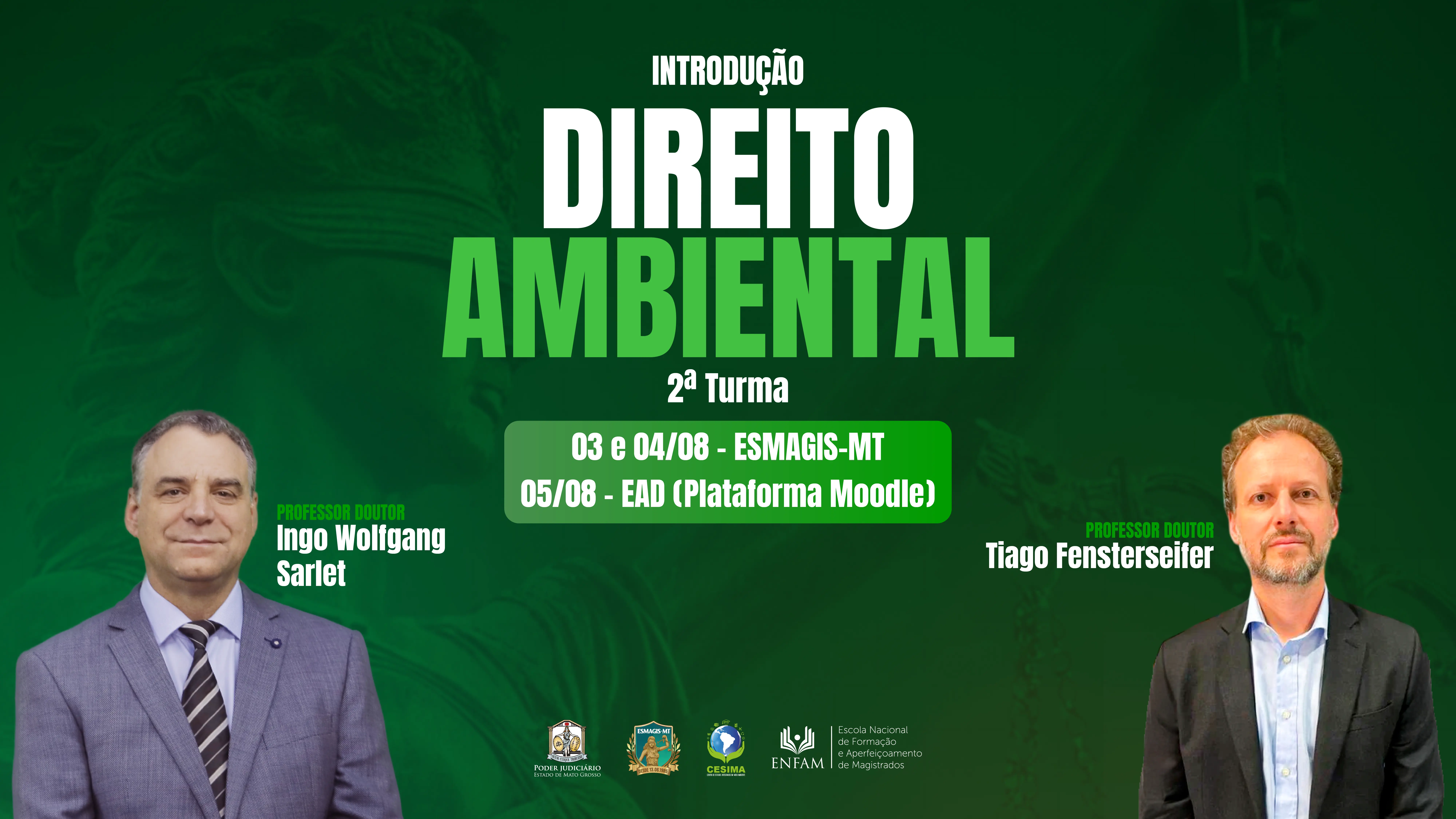Fundo verde com a estátua da Justiça. No centro, o texto 